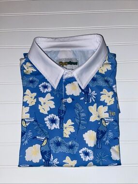 Tipsy Elves Toucan Short Sleeve Golf Polo Mens L Blue White Preppy Hawaiian